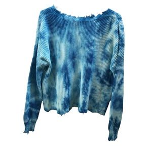 Tie-dye Blue Raw Hem Low V Back Knit Sweater